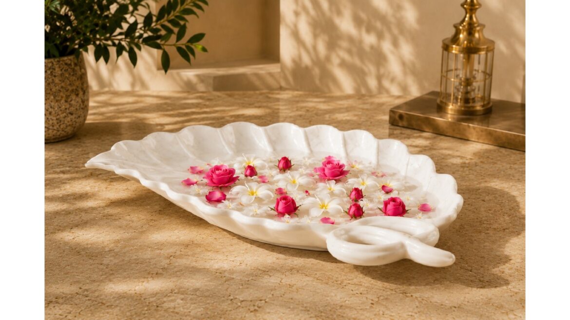 Elegant marble leaf decorative bowl with floating flowers for luxury home decoration