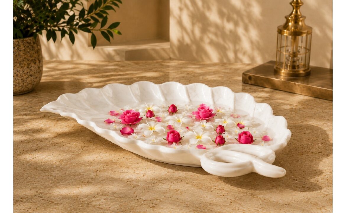 Elegant marble leaf decorative bowl with floating flowers for luxury home decoration