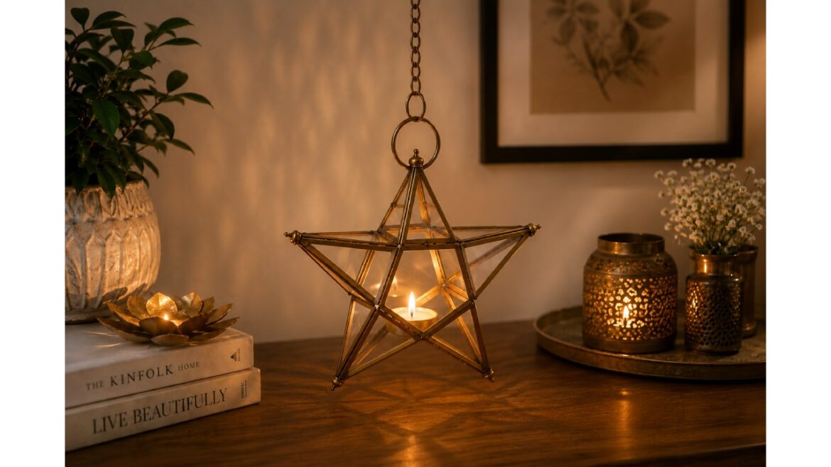 Handcrafted star-shaped hanging lantern with a glowing diya, beautifully decorating a modern living room with warm ambient lighting.