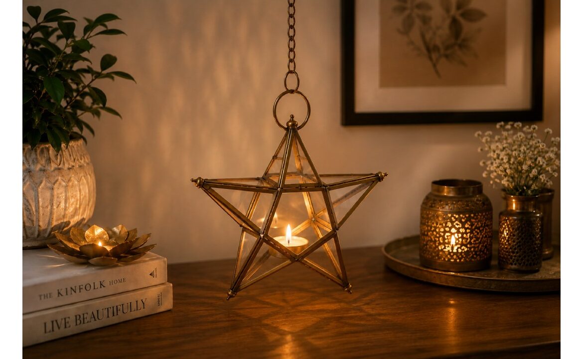 Handcrafted star-shaped hanging lantern with a glowing diya, beautifully decorating a modern living room with warm ambient lighting.