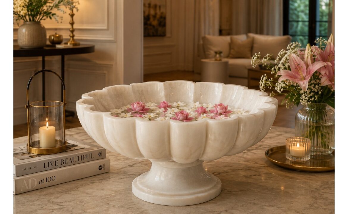 Elegant fluted marble decorative bowl with floating flowers for luxury home decoration