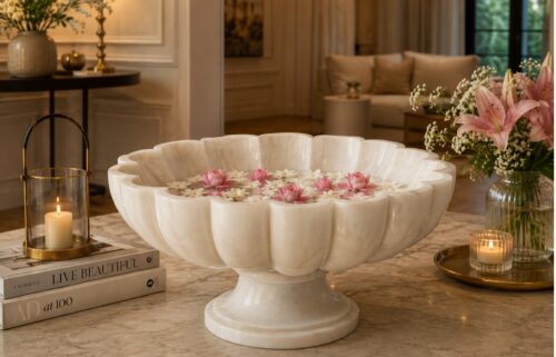 Elegant fluted marble decorative bowl with floating flowers for luxury home decoration