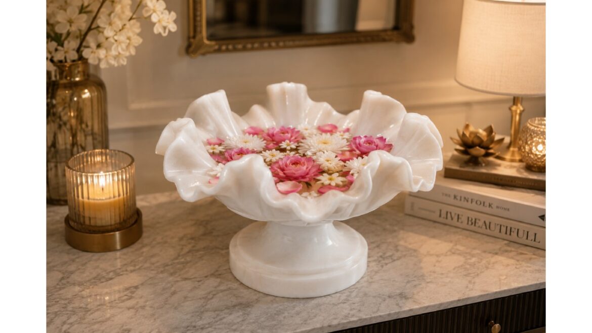 Luxury fluted marble flower bowl decorated with floating flowers for elegant home decor