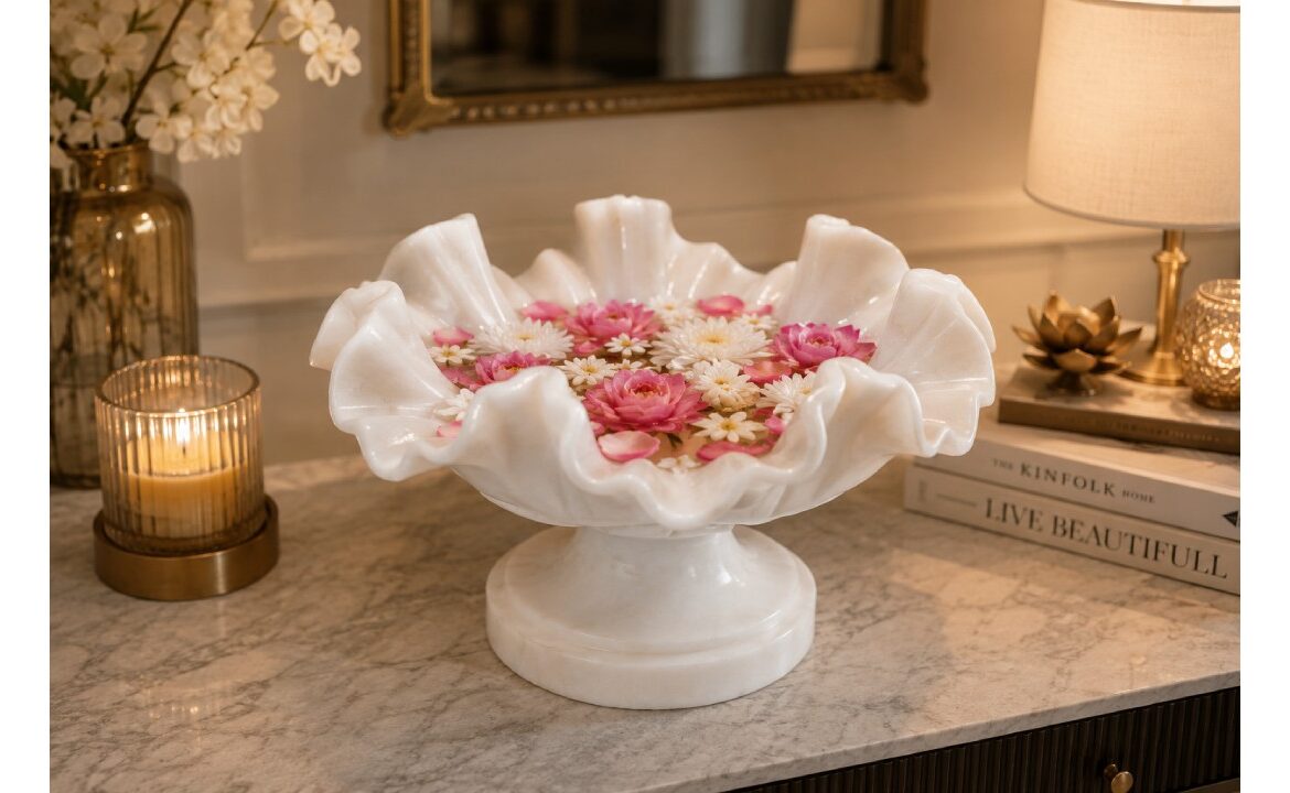 Luxury fluted marble flower bowl decorated with floating flowers for elegant home decor