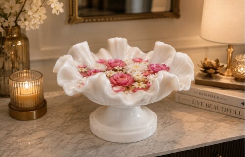 Luxury fluted marble flower bowl decorated with floating flowers for elegant home decor