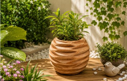 Handcrafted carved terracotta planter displayed in a beautiful outdoor garden with lush green plants.