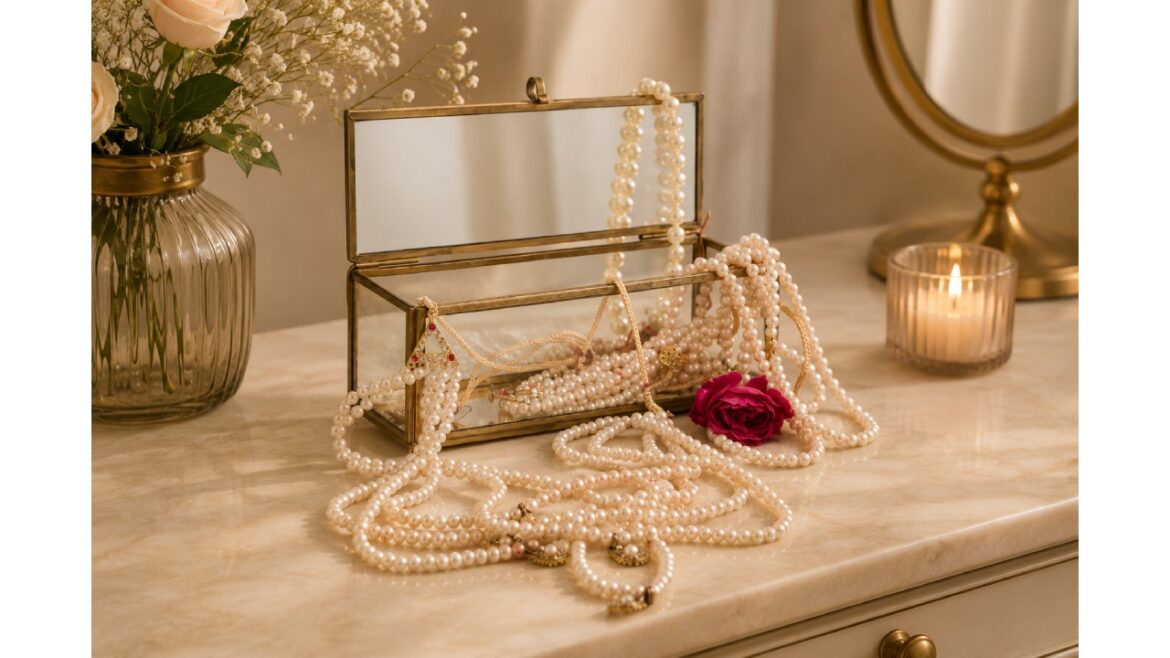 Luxury glass jewelry box with pearl necklaces, gold jewelry, and a red rose displayed on a stylish dressing table for elegant home decor.