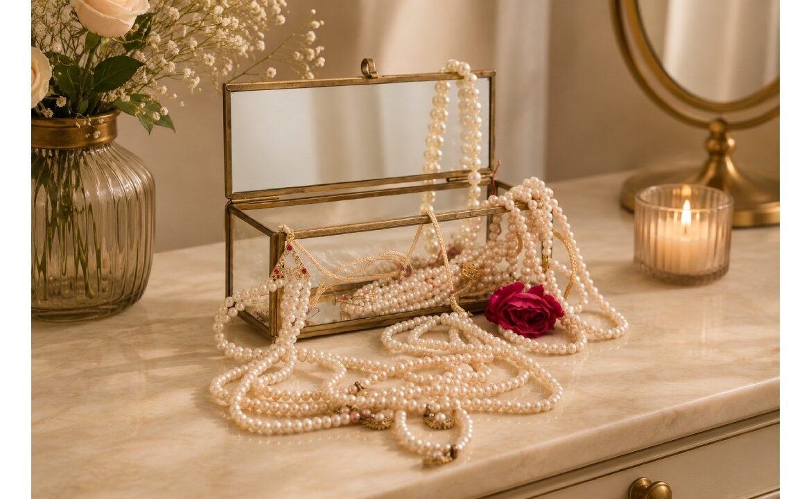 Luxury glass jewelry box with pearl necklaces, gold jewelry, and a red rose displayed on a stylish dressing table for elegant home decor.