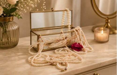 Luxury glass jewelry box with pearl necklaces, gold jewelry, and a red rose displayed on a stylish dressing table for elegant home decor.
