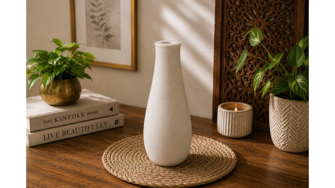 Elegant white ceramic decorative vase placed on a wooden table in a modern minimalist home interior.