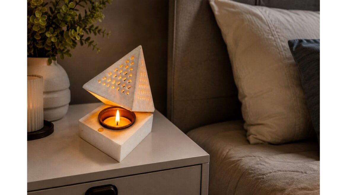 Modern white marble tealight candle holder with geometric pyramid design placed on a bedside table, creating a warm and luxurious bedroom ambiance.