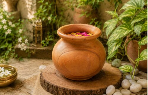 Traditional handmade clay pot with flower petals in a rustic garden setting for home decor inspiration.