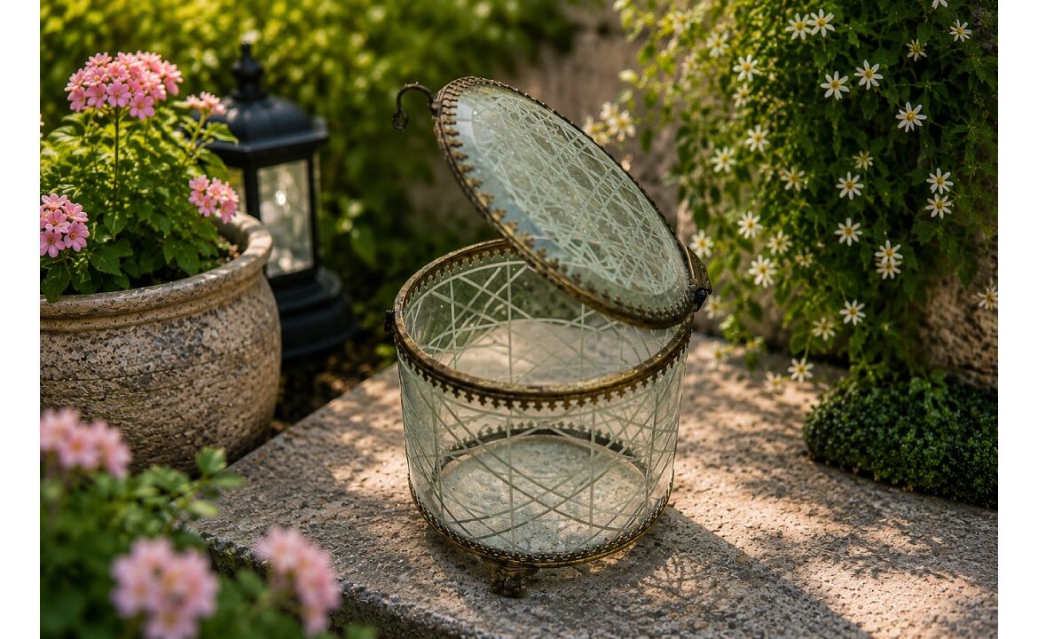 Elegant vintage glass storage box with brass frame placed in a beautiful garden, perfect for outdoor home decor and decorative storage.