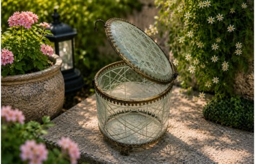 Elegant vintage glass storage box with brass frame placed in a beautiful garden, perfect for outdoor home decor and decorative storage.