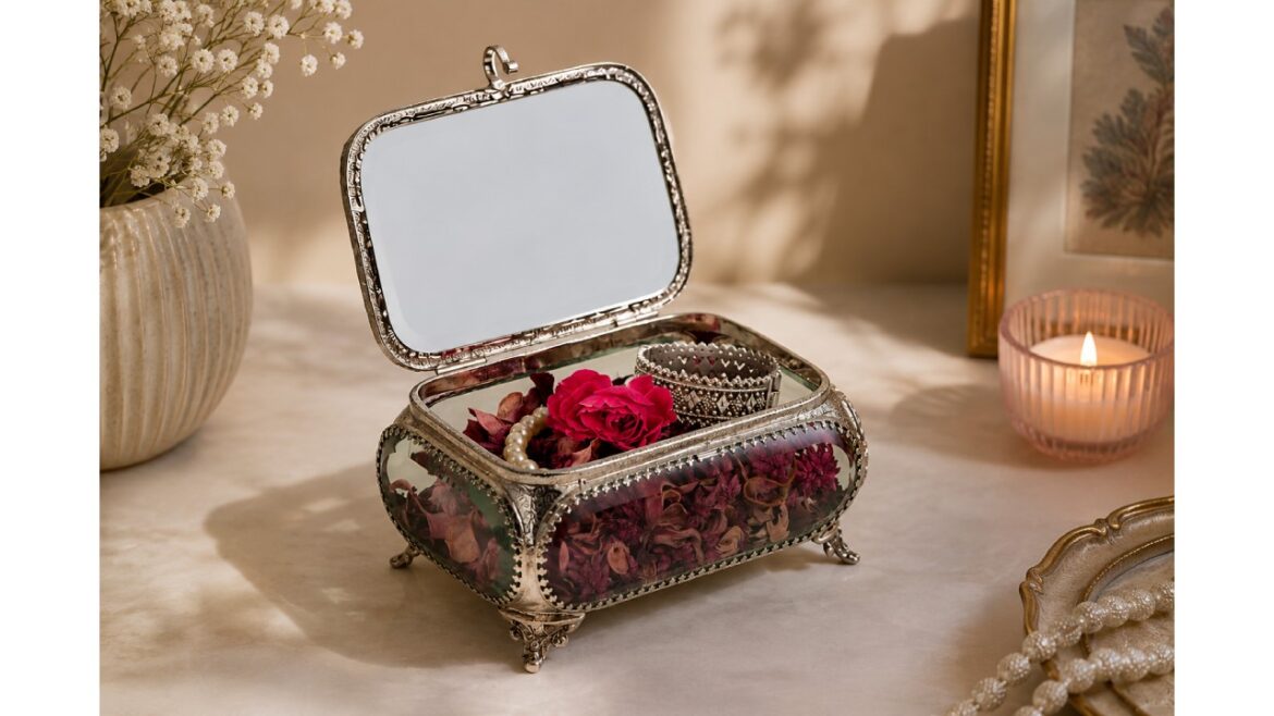 Vintage glass jewelry box with dried flowers, pearl necklace, and decorative bracelet on a luxury home decor table.