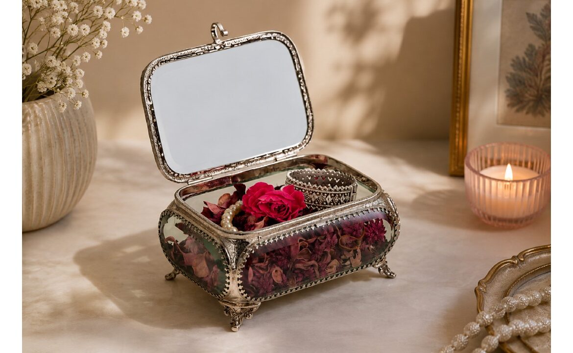 Vintage glass jewelry box with dried flowers, pearl necklace, and decorative bracelet on a luxury home decor table.